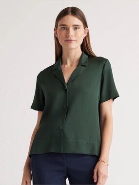 Quince Forest Green Washable Stretch Silk Short Sleeve Notch Collar Blouse XL